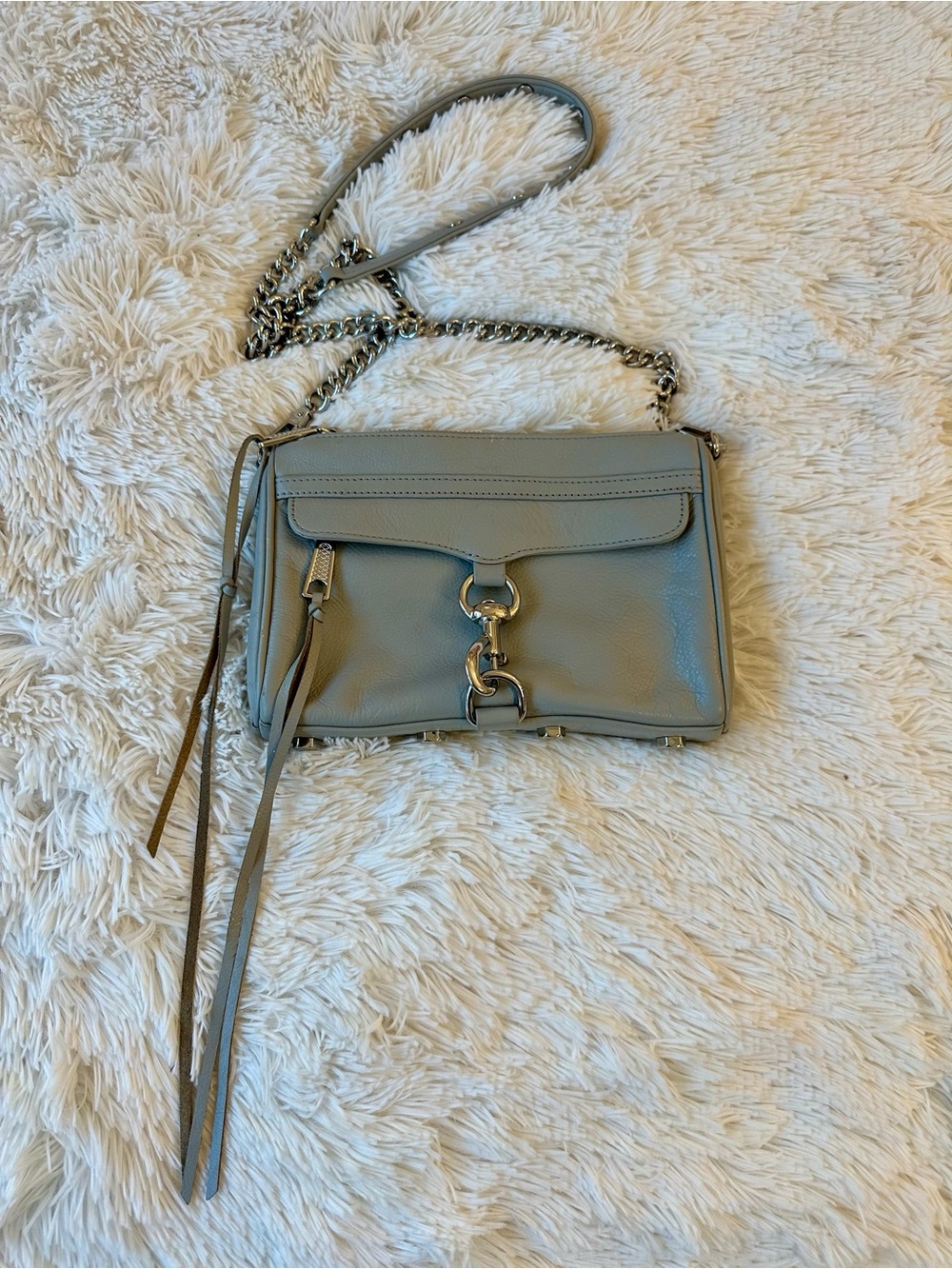 REBECCA MINKOFF Mini MAC Gray Leather Crossbody Bag Silver Chain Strap Purse